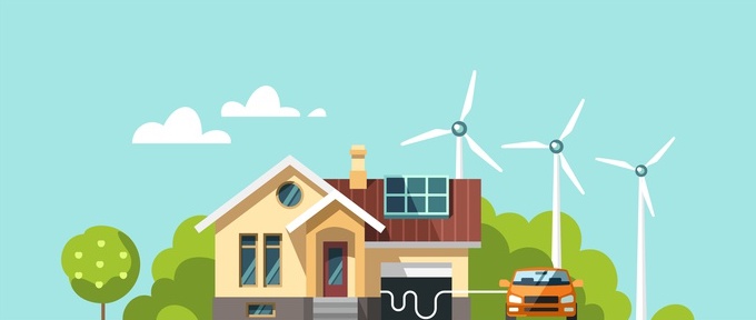 Green energy an eco friendly houses - solar energy, wind energy. Vector concept illustration.