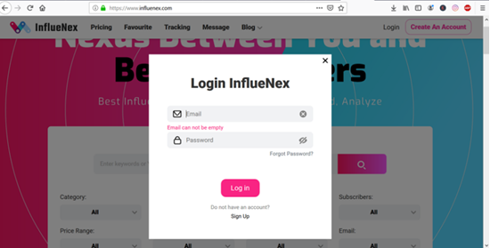 InflueNex website to create an account