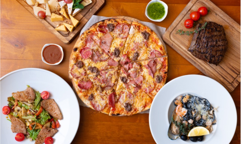 dining wooden table with food