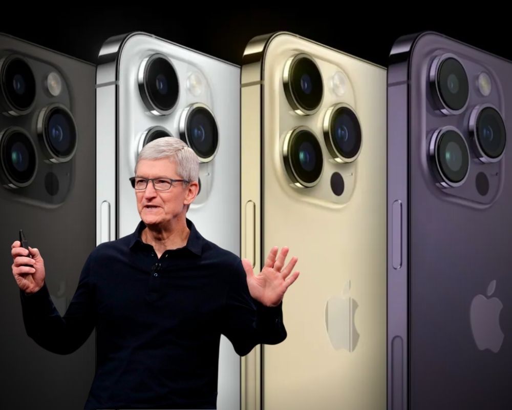 Tim cook image with a background image of apple iphone 14