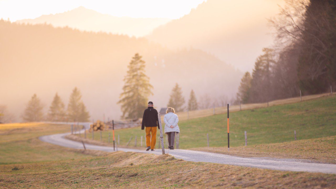 Seniors walking on a hiking trail in nature on a beautiful day