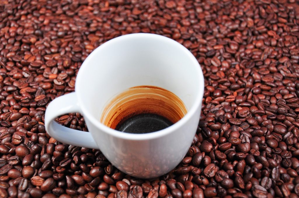 Coffee cup sitting on coffee beans