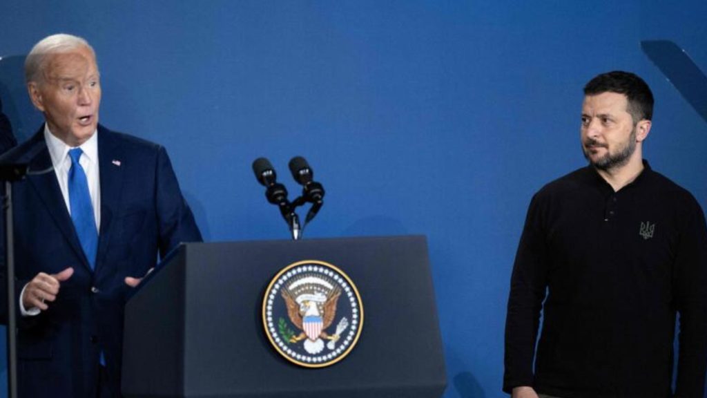 Joe Biden stands with Ukrainian President Volodymyr Zelensky during an event on the sidelines of the NATO summit in Washington DC on July 11 2024