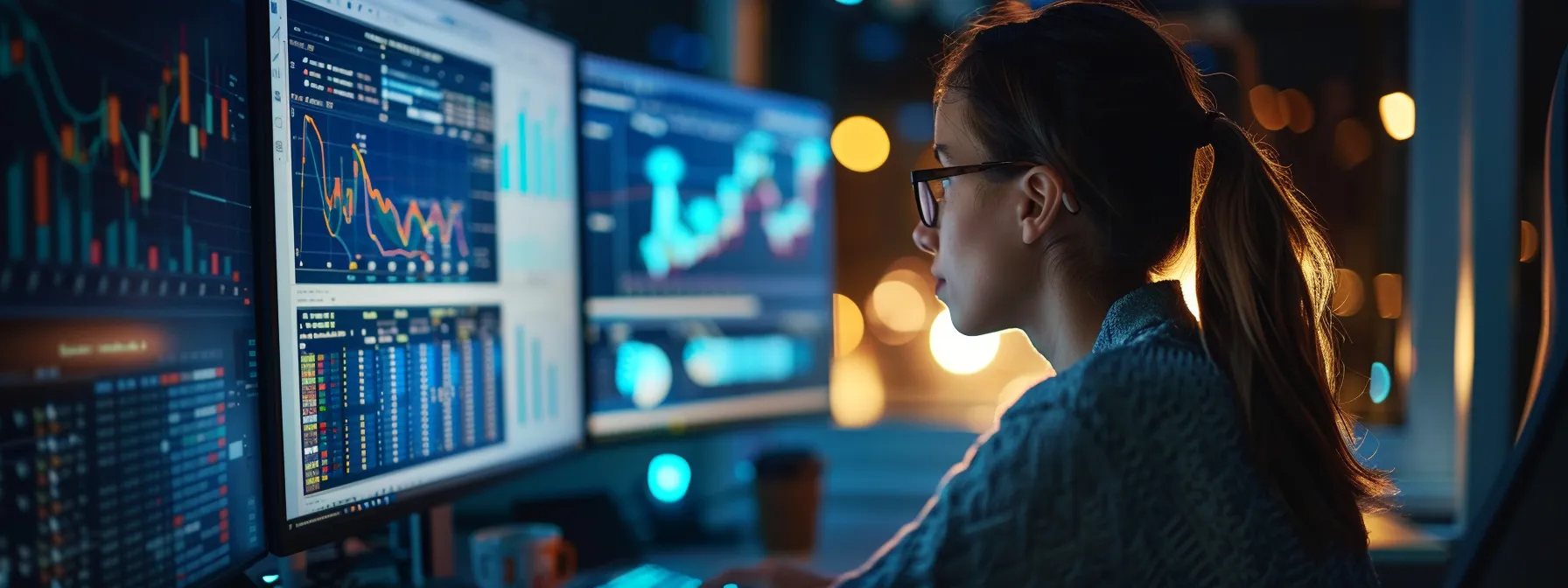 A woman who wears eyeglasses is focusing on a computer monitor to prove that she is working or in college.